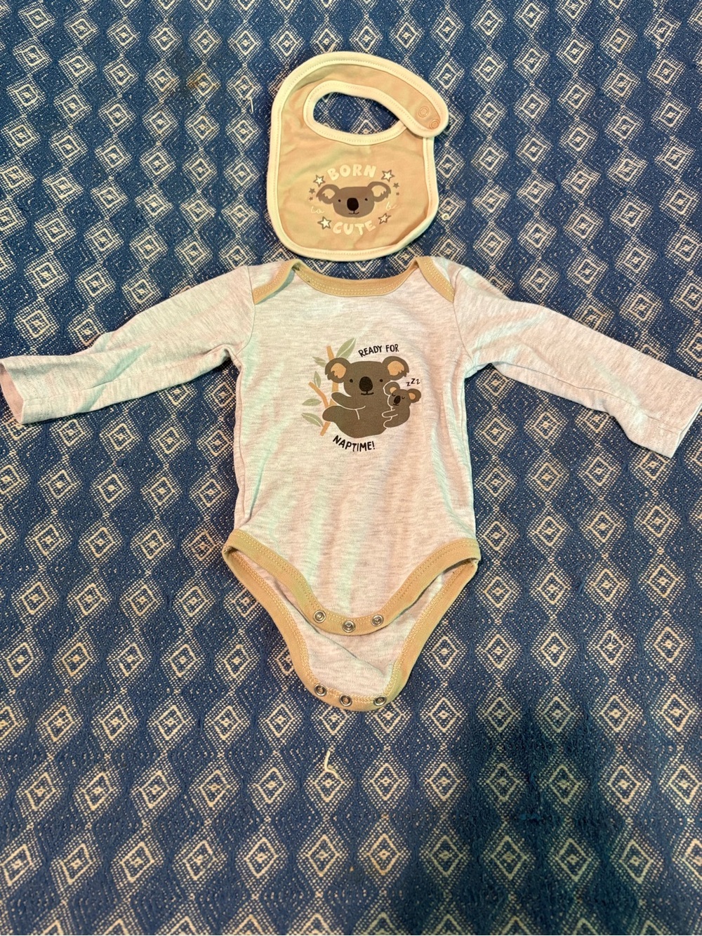 Koala Naptime Long-Sleeve One-Piece Bodysuit with Bib - Beige Trim